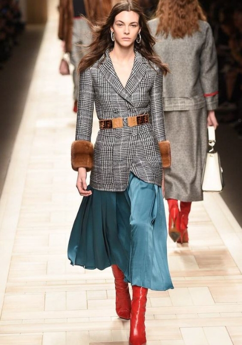 Fendi : Midi skirt and knee high boots. Jacket with belted waist definition, suiting fabric