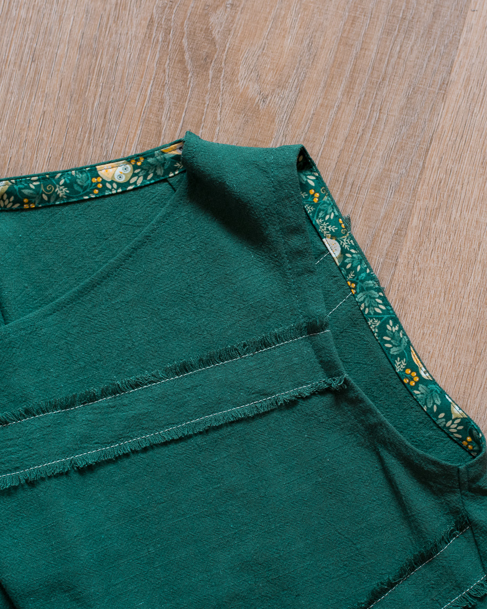 Trim and binding details for linen co-ord